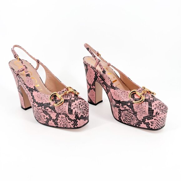 Gucci Baby 120 Horsebit Platform Pumps EU 38.5 US 8.5 Pink Python Slingback Heel - Picture 1 of 13